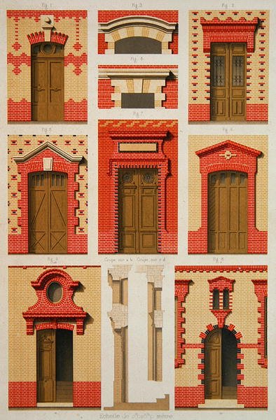 Projekty ryzalitów i frontonów z cegły, ilustracja z „La Brique Ordinaire” J. Lacroux, Editions Ducher autorstwa Daumont Daumont
