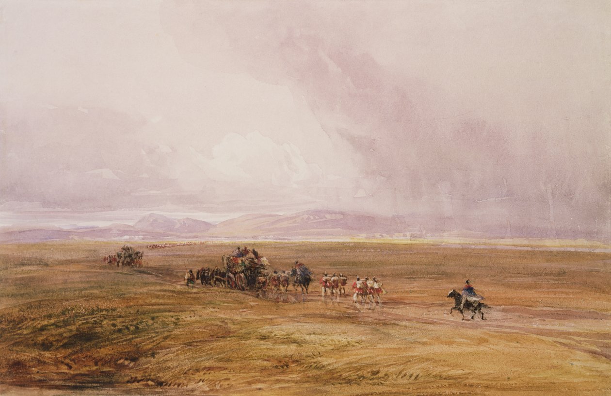 Pociąg bagażowy przejeżdżający przez równinę autorstwa David Cox