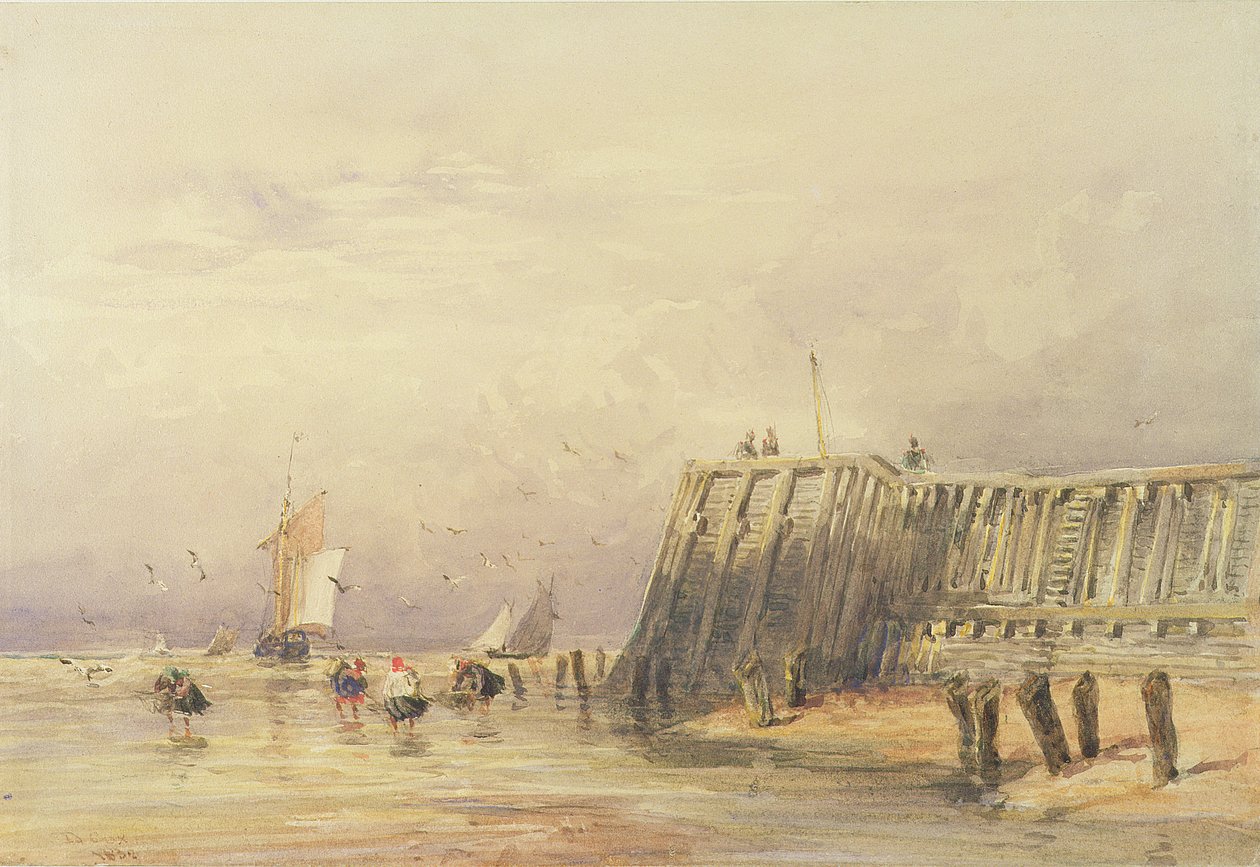 Pejzaż morski z żaglówkami i postaciami brodzącymi w morzu, 1832 autorstwa David Cox