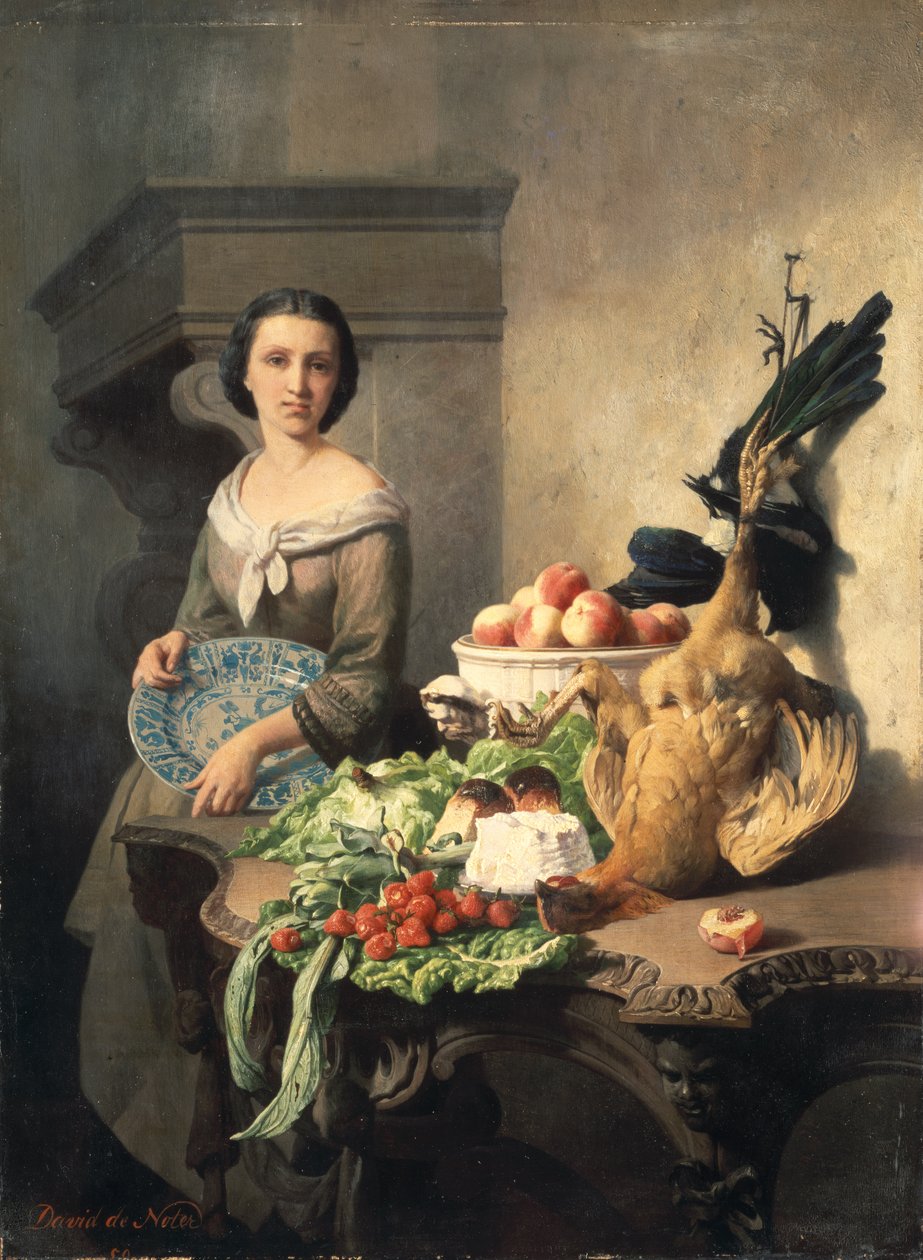 Służąca stojąca przy stoliku zastawionym jedzeniem, 1859 autorstwa David Emil Joseph de Noter