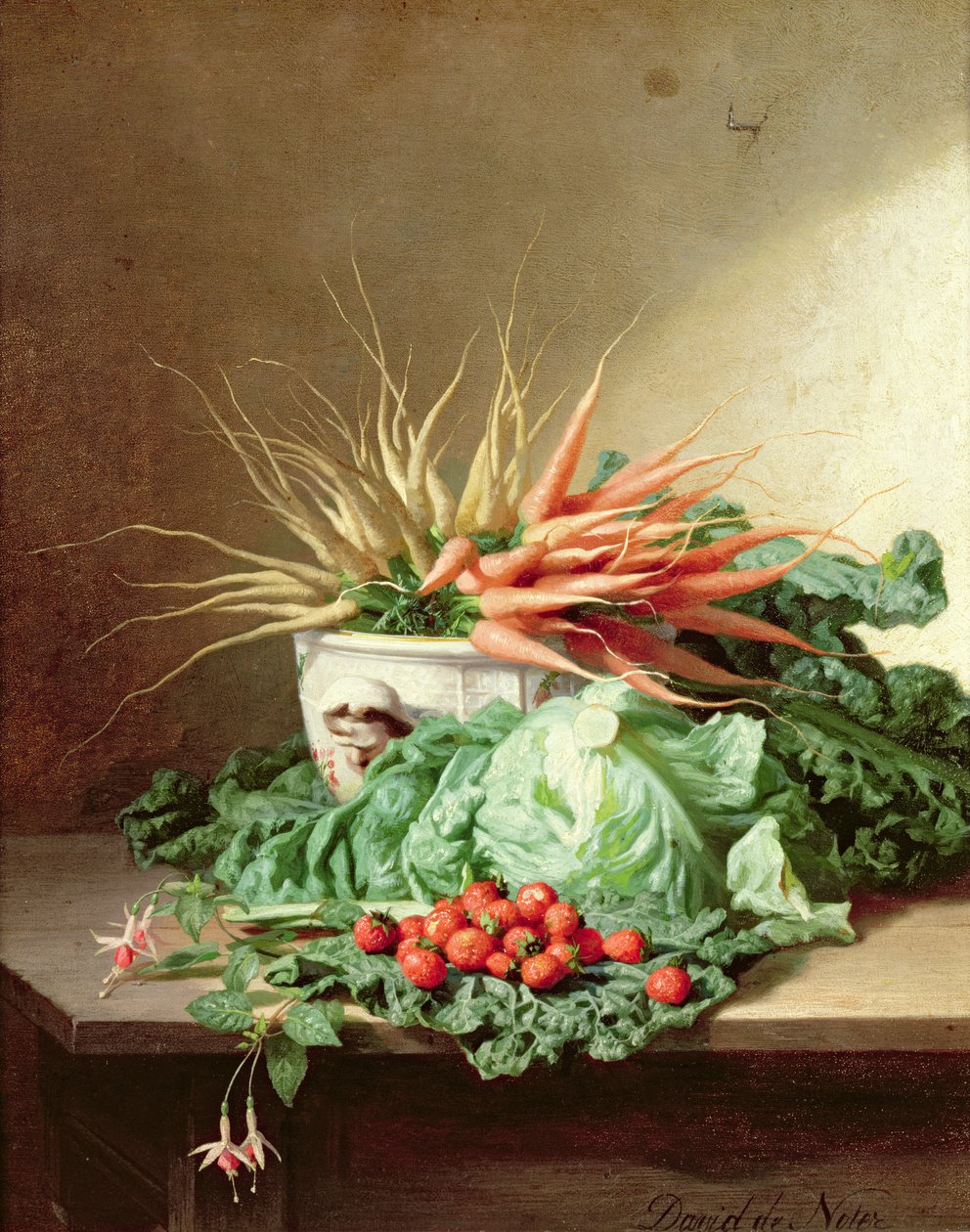 Martwa natura z truskawkami, marchewką i kapustą autorstwa David Emil Joseph de Noter