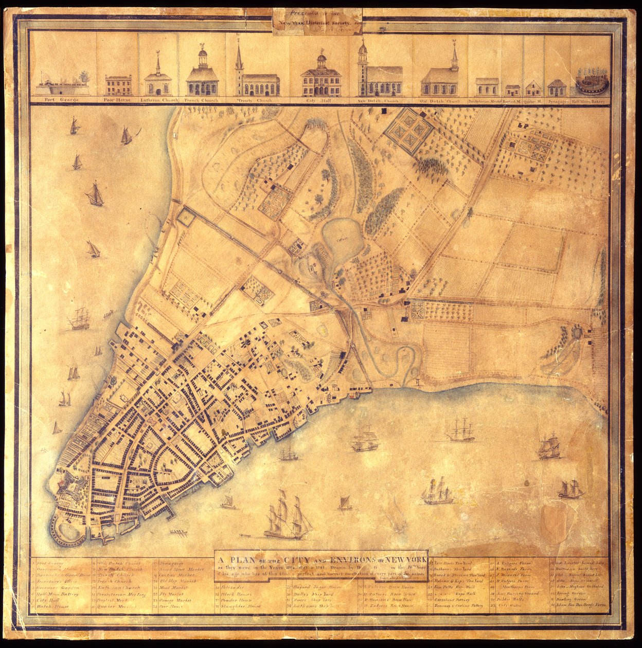 Plan miasta i okolic Nowego Jorku z lat 1742-1744, 1813 Pióro i tusz czarno-kolorowy, akwarela, ołówek na papierze. autorstwa David Grim