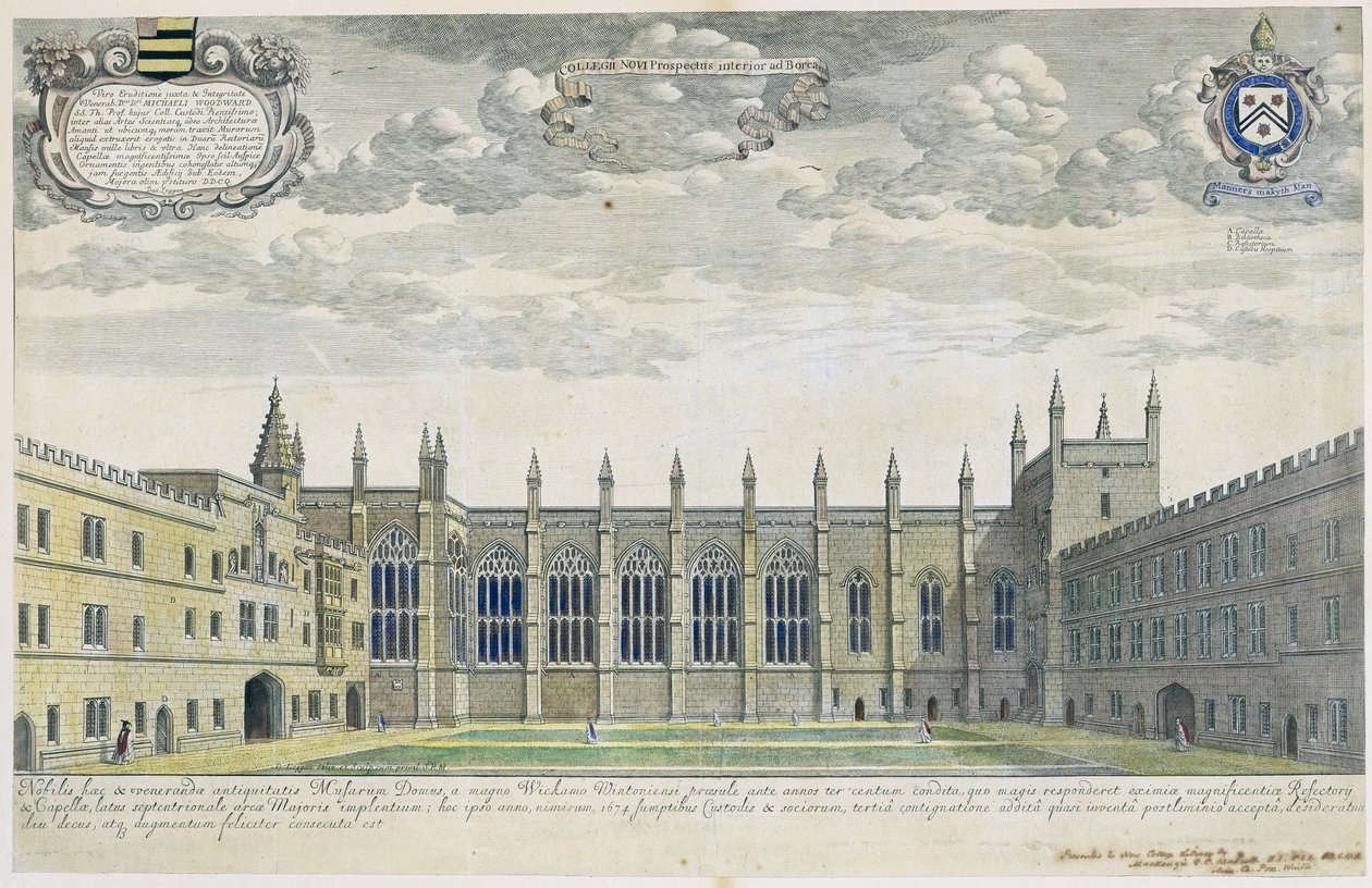 Collegium Novum: widok podwyższony New College Front Quad od południa, 1675 (rycina z późniejszym malowaniem ręcznym) autorstwa David Loggan