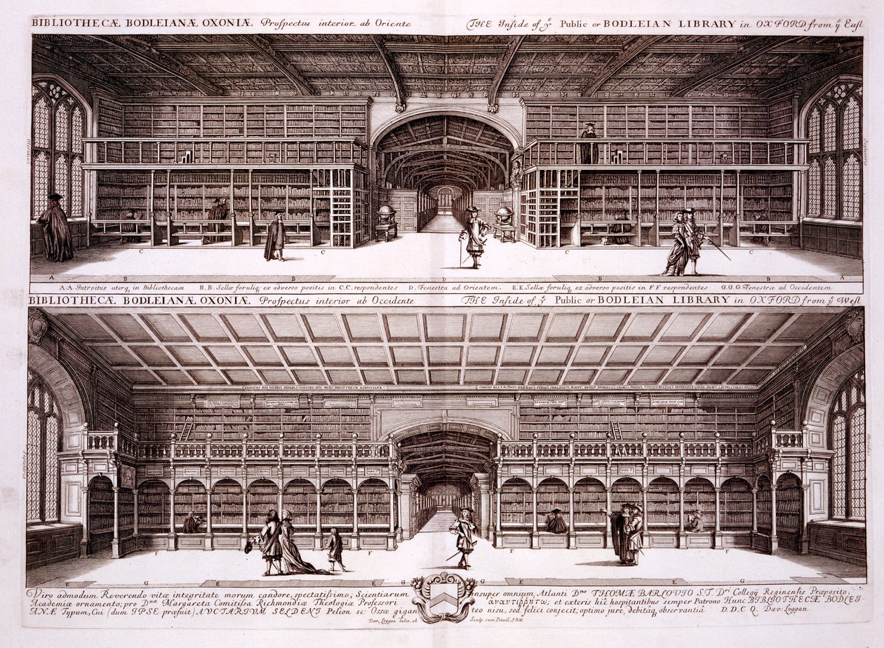 Wnętrze Biblioteki Bodleian, Oxford, z Oxonia Illustrata, 1675 autorstwa David Loggan