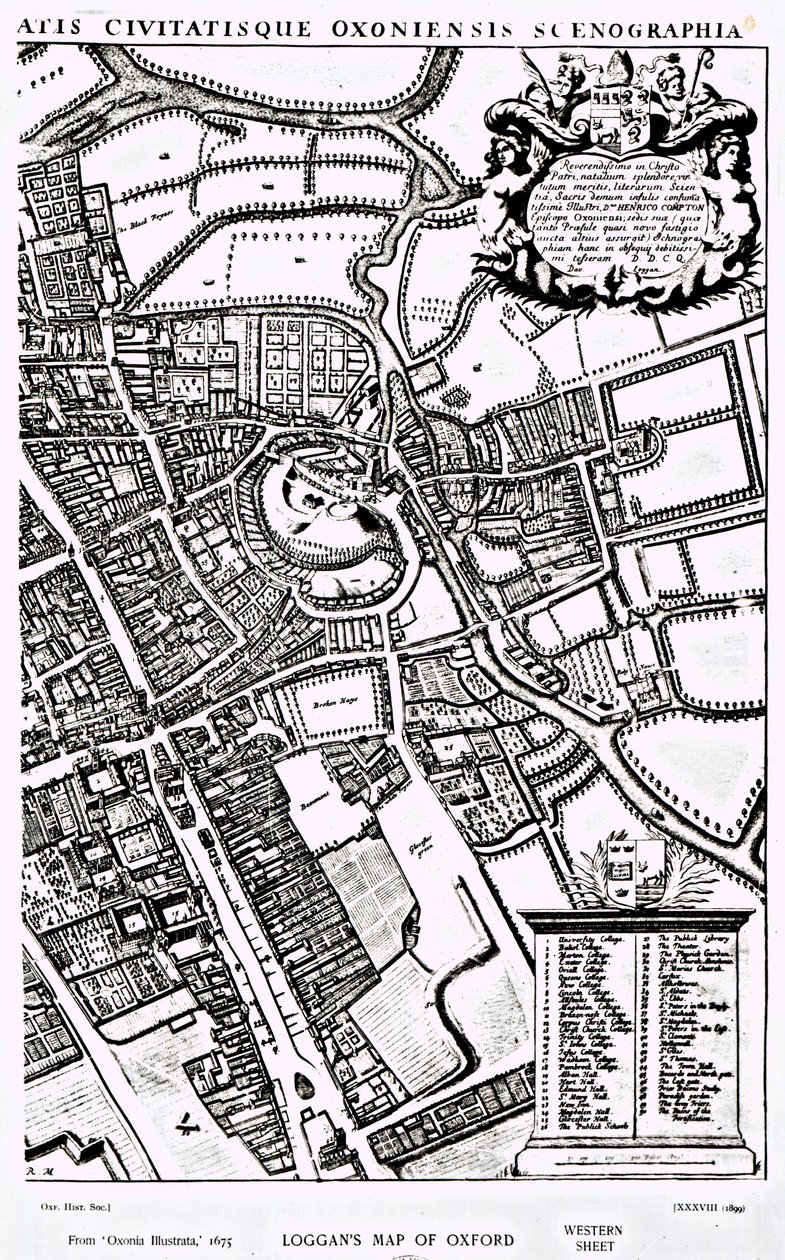 Mapa Oksfordu Loggana, arkusz zachodni, z "Oxonia Illustrated", wydana w 1675 r. autorstwa David Loggan