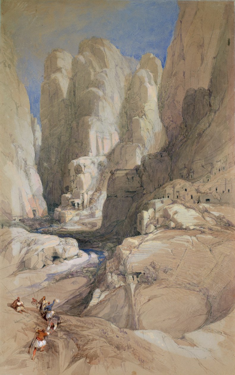 Wejście do Petry, Jordania, 1839 (wc podwyższona bielą na jasnoszarym papierze) autorstwa David Roberts