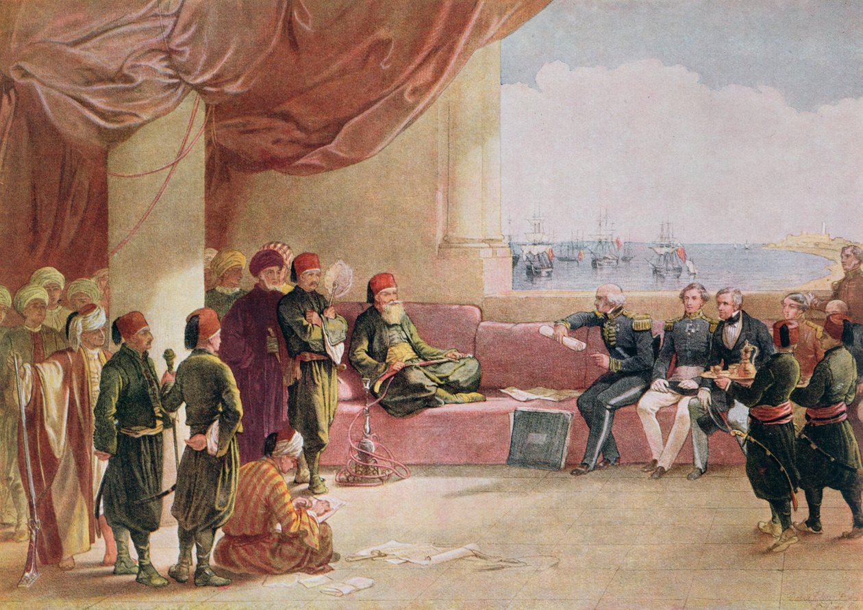Mohamed Ali przyjmuje posłów z Wielkiej Brytanii w swoim pałacu w Aleksandrii w dniu 12 maja 1839, 1849 autorstwa David Roberts