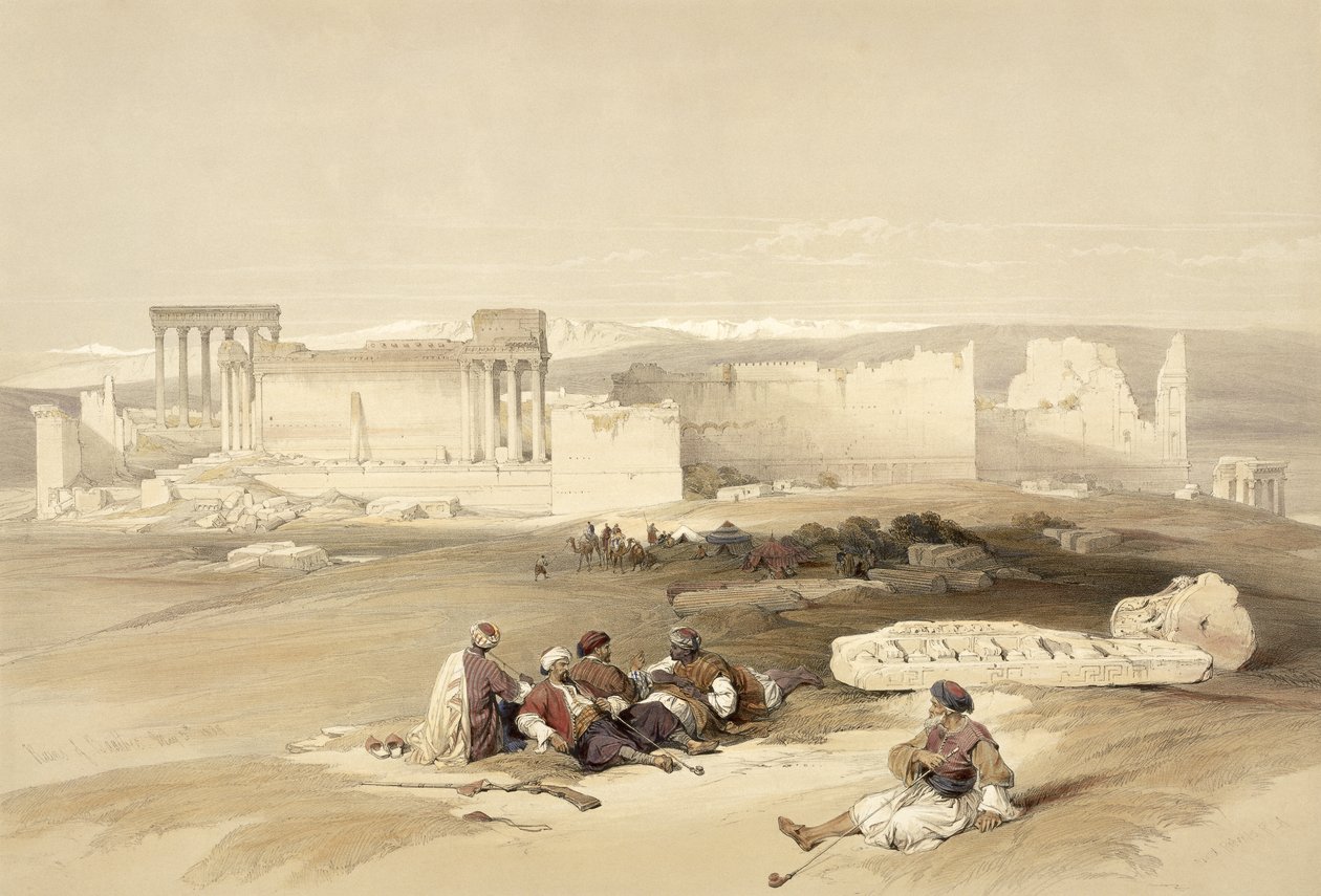 Ruiny Baalbec, 5 maja 1839, tablica 77 z tomu II "Ziemia Święta", ryty Louis Haghe (1806-85) wyd. 1843 autorstwa David Roberts