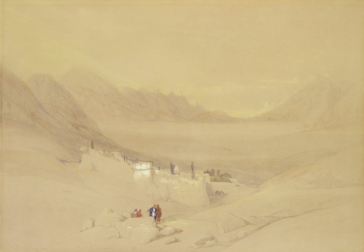 Klasztor św. Katarzyny, góra Synaj, w kierunku Równiny Obozowej, 1839 (wc nad grafitem na papierze) autorstwa David Roberts