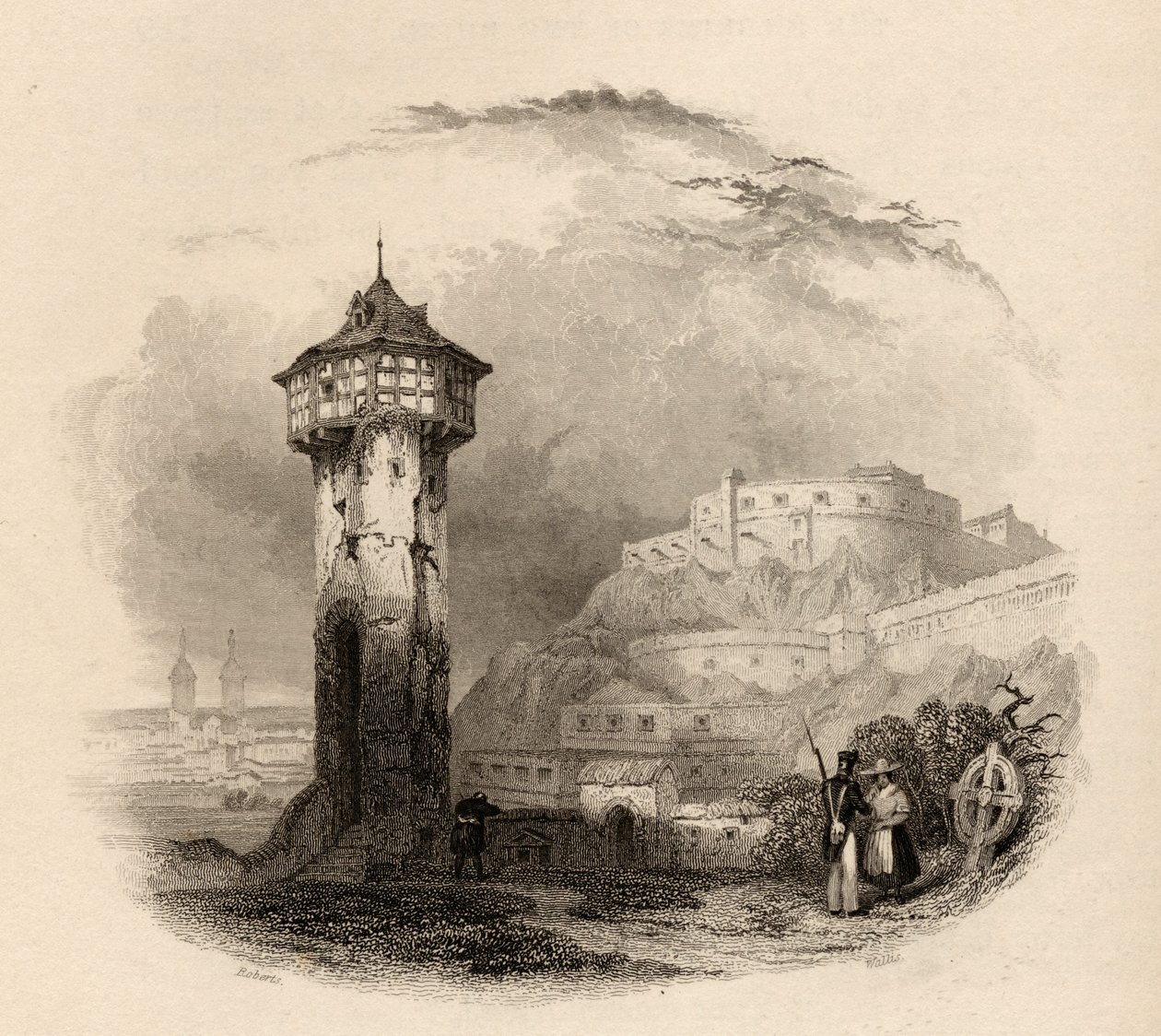 Wieża rzymska w Thal, Ehrenbreitstein, rytowana przez Wallisa, ilustracja z „Pielgrzymów Renu” z 1840 r. autorstwa David Roberts