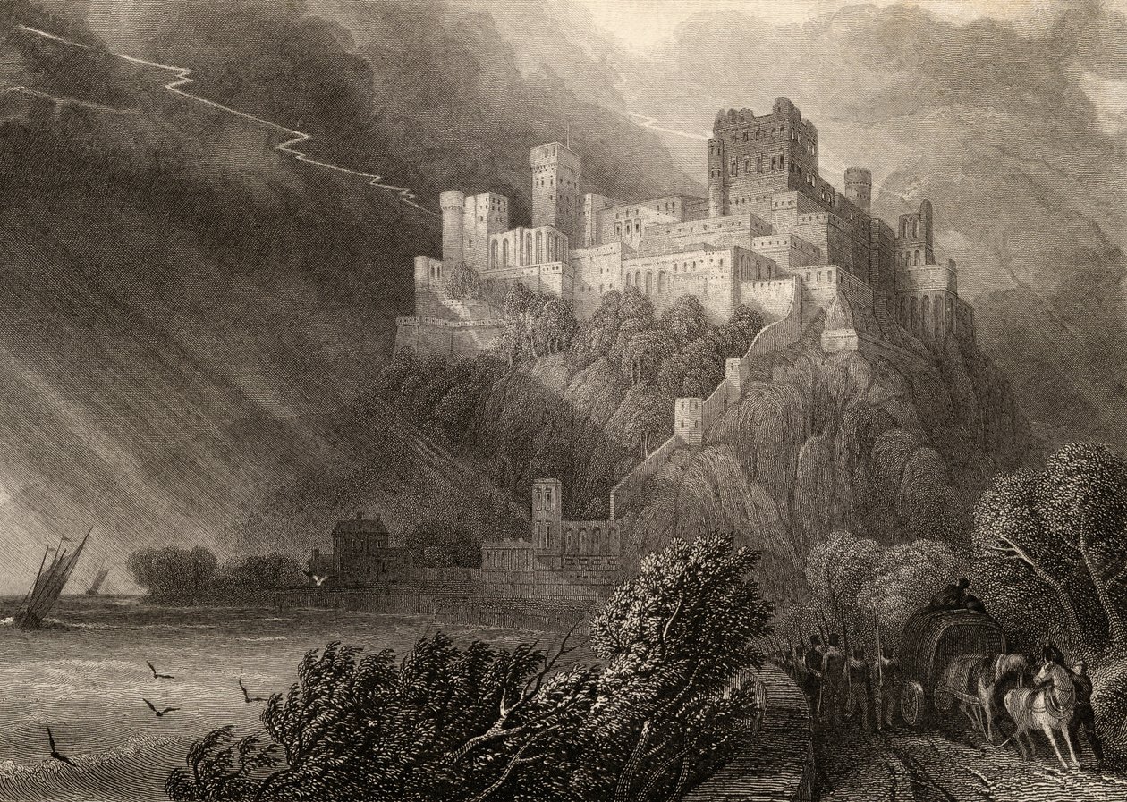 Ruiny Rheinfels, ryt W. Radclyffe, ilustracja z „Pielgrzymów Renu” wydanej w 1840 r. autorstwa David Roberts