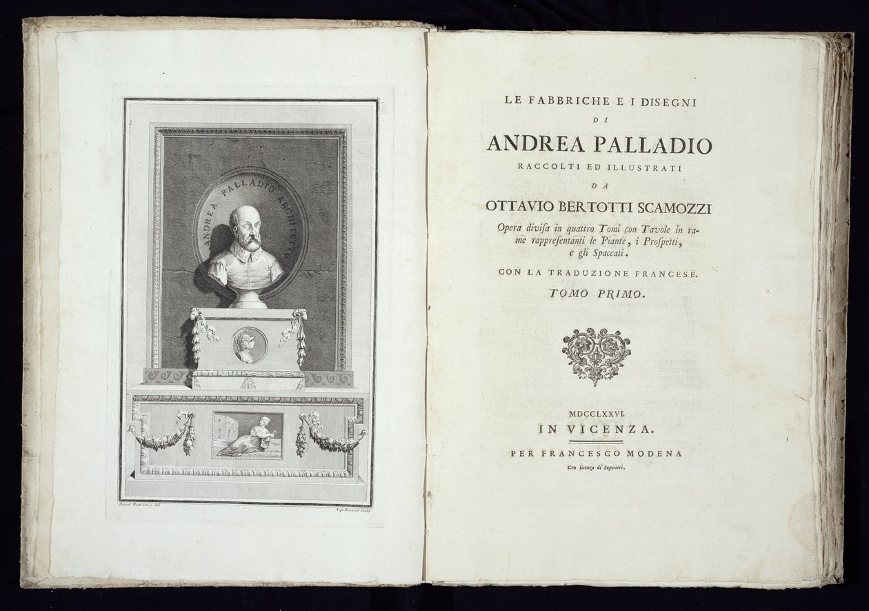 Strona tytułowa Fabryki i rysunki Andrei Palladio z portretem architekta, rytowanym przez Simona Francisa Raveneta (1737-1821) wydana w 1776 r. autorstwa David Rossi