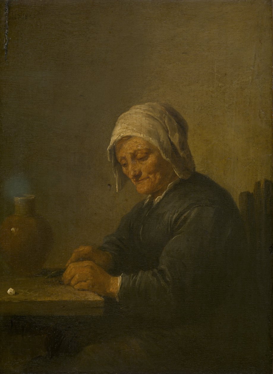 Stara kobieta krojąca tytoń autorstwa David Teniers the Younger