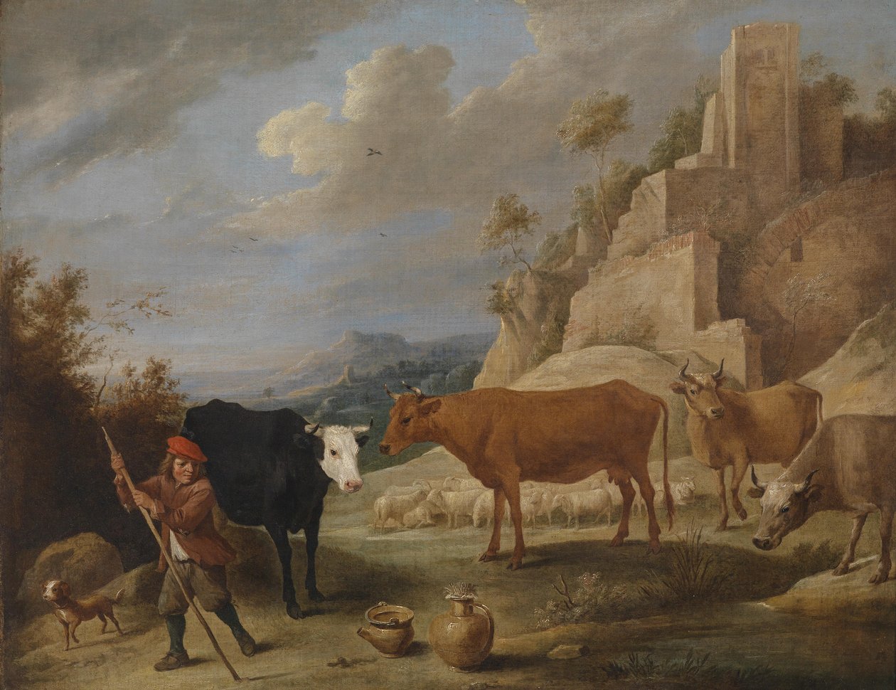 Pasterz ze swoją trzodą w krajobrazie ruin autorstwa David Teniers the Younger
