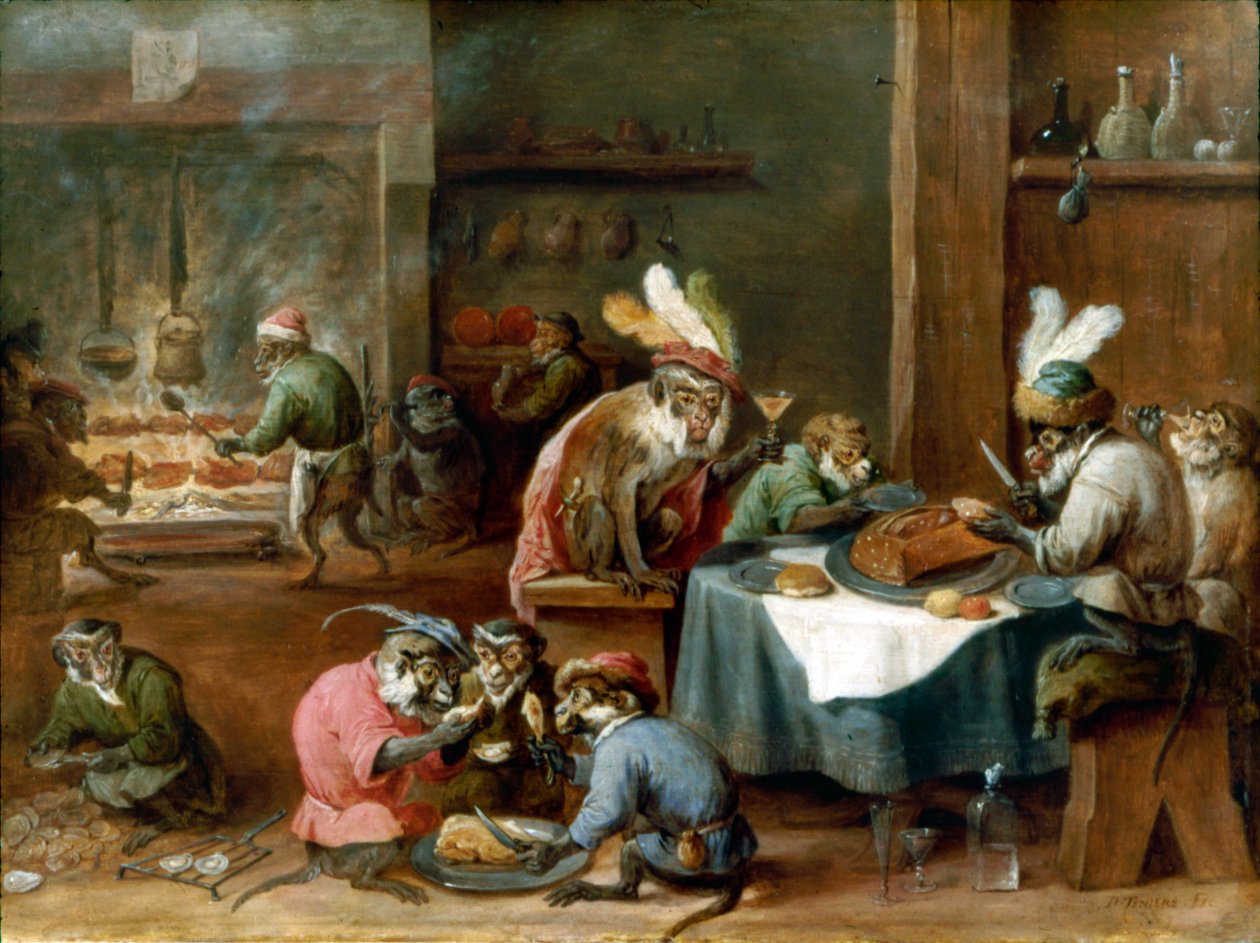 Posiłek przebranych małp autorstwa David Teniers the Younger