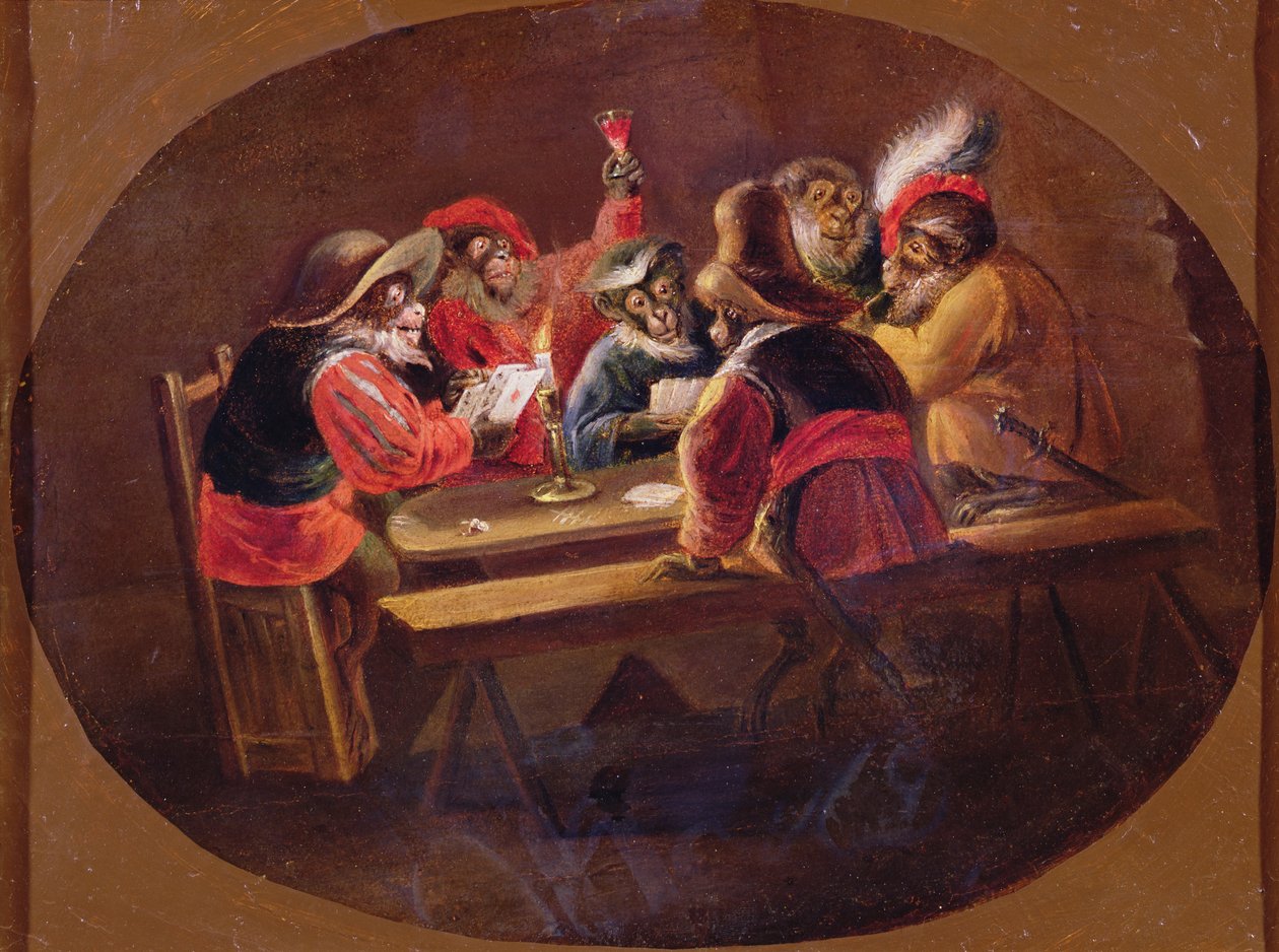 Małpy przebrane za żołnierzy grających w karty i hulających autorstwa David Teniers the Younger