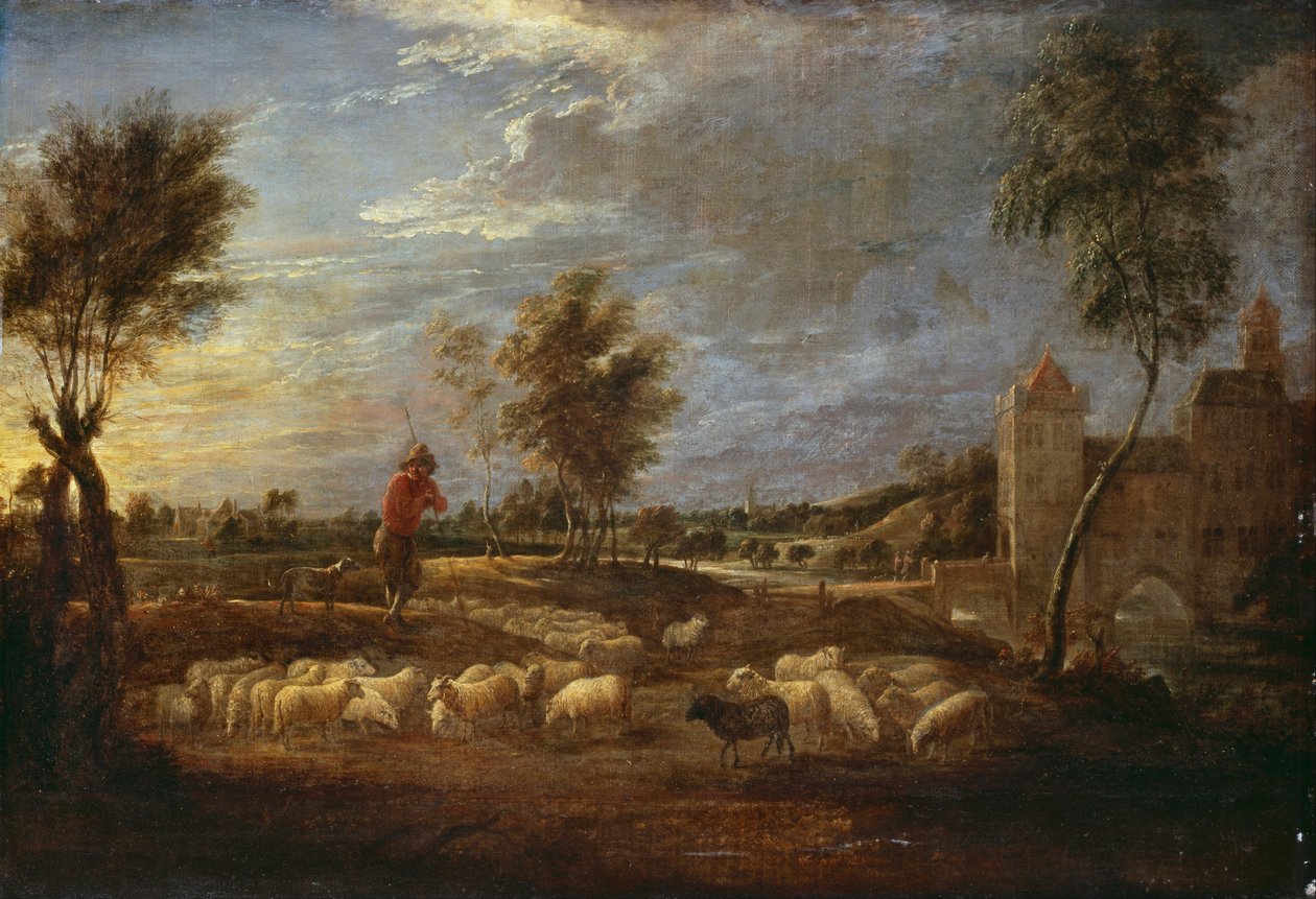 Pejzaż o zachodzie słońca z pasterzem i jego trzodą autorstwa David Teniers the Younger