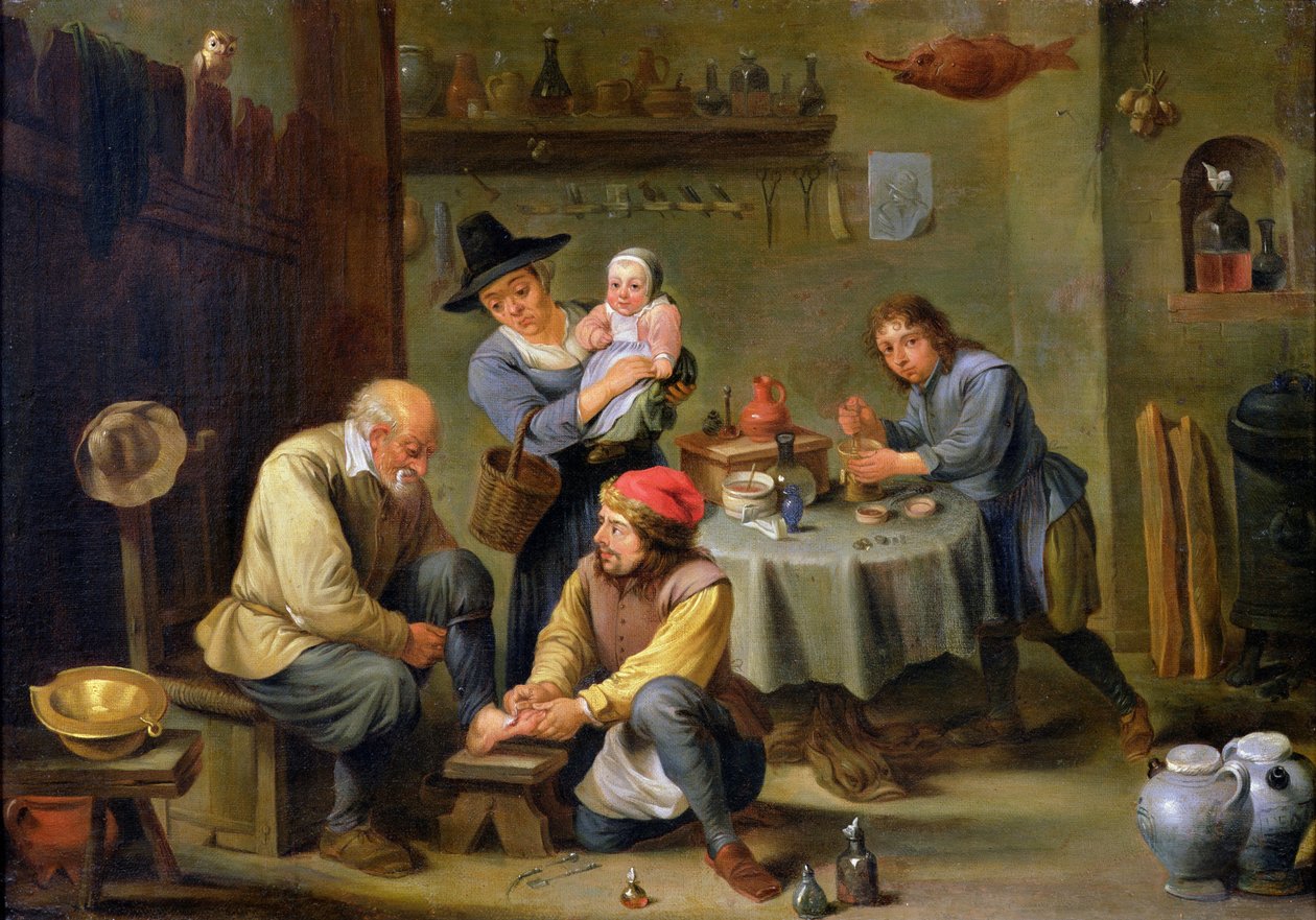 Chirurg pielęgnujący stopę starszego mężczyzny autorstwa David Teniers the Younger
