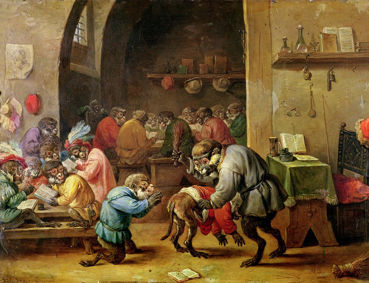 Małpy w szkole (olej na miedzi) autorstwa David Teniers the Younger