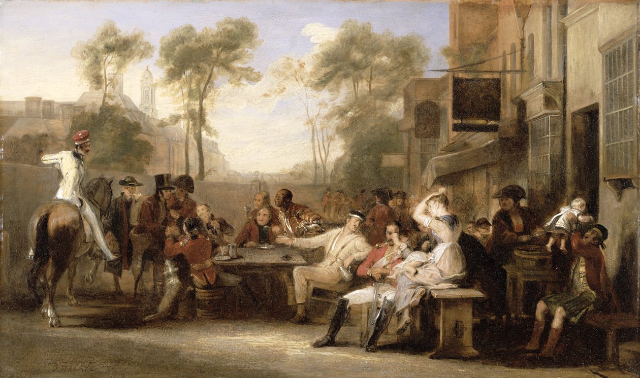 Emeryci Chelsea otrzymują gazetę ogłaszającą bitwę pod Waterloo, ok. 1819 r. autorstwa David Wilkie