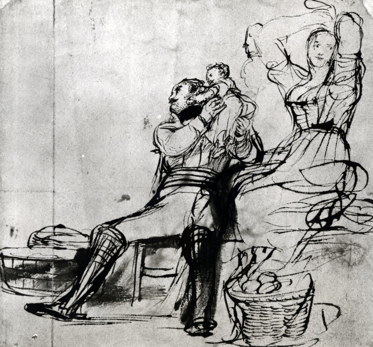 Studium postaci „Emeryci z Chelsea czytający gazetę bitwy pod Waterloo”, 1816-22 (pióro i atrament na papierze) autorstwa David Wilkie