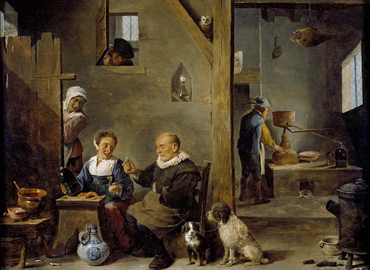 Destylarnia ze starszym mężczyzną kupującym gin od kobiety, ok. 1930 r. 1640-49 autorstwa David Teniers the Younger