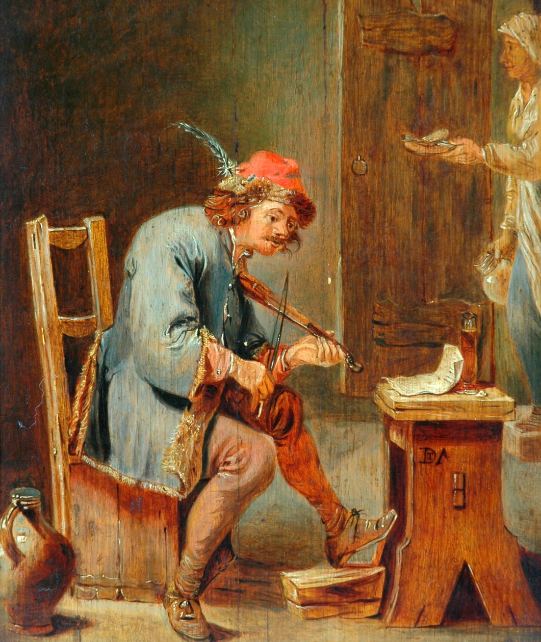 Mężczyzna grający na skrzypcach, 1800-50 (olej na desce) autorstwa David Teniers the Younger