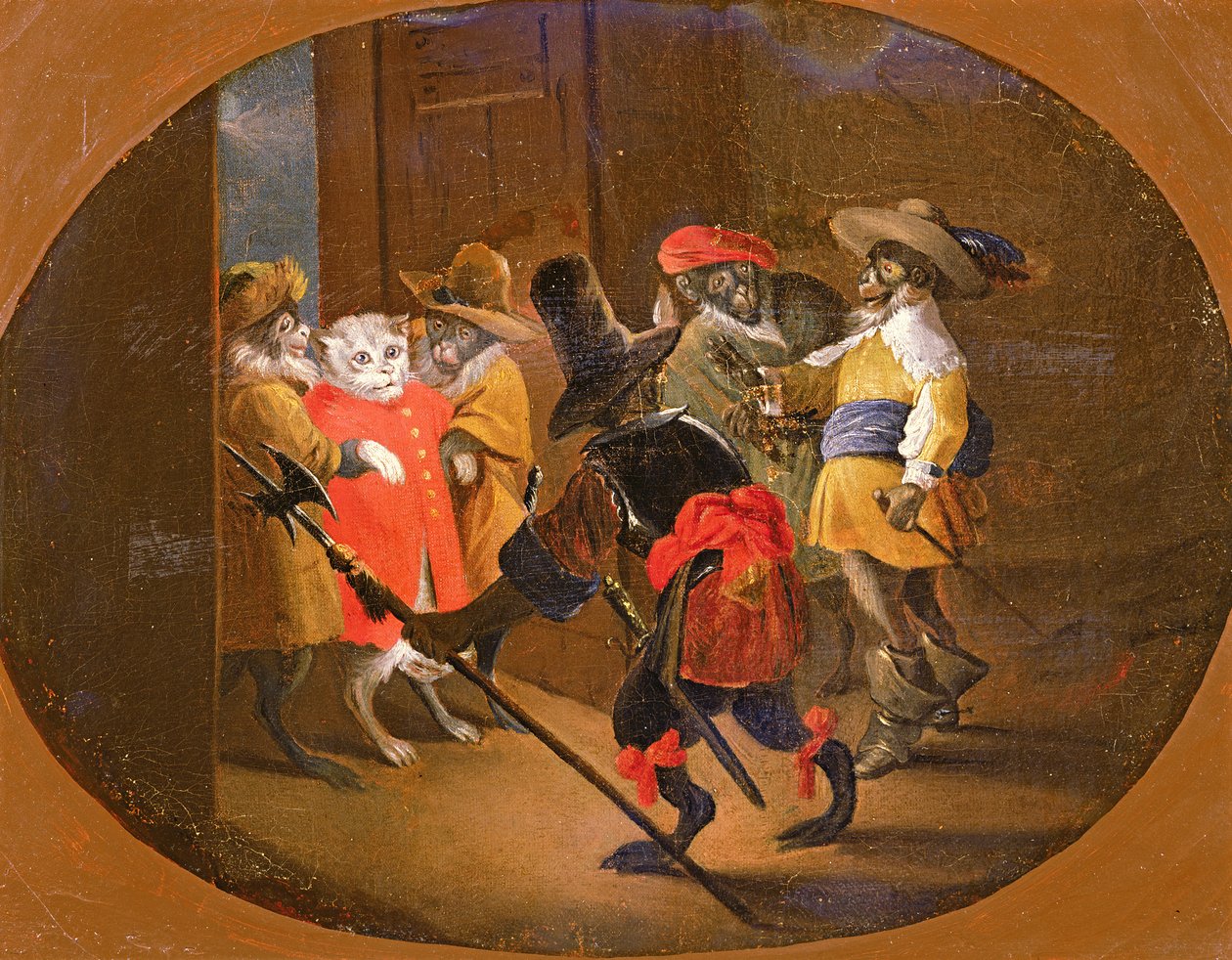 Małpy przebrane za żołnierzy, przyprowadzające je do kociego oficera autorstwa David Teniers the Younger