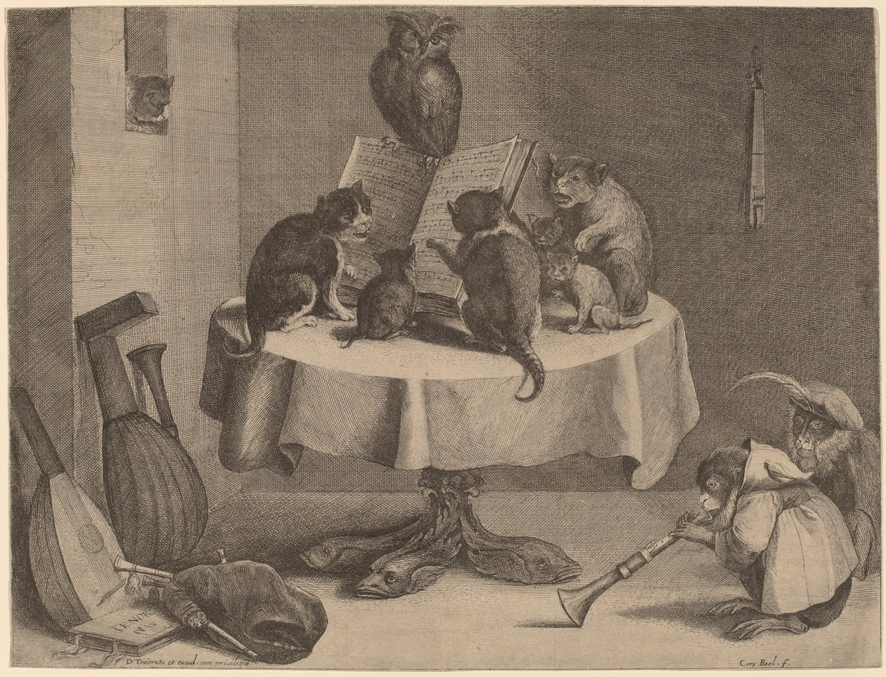 Koncert kota (grawerowanie i akwaforta na papierze wykładanym) autorstwa David Teniers the Younger