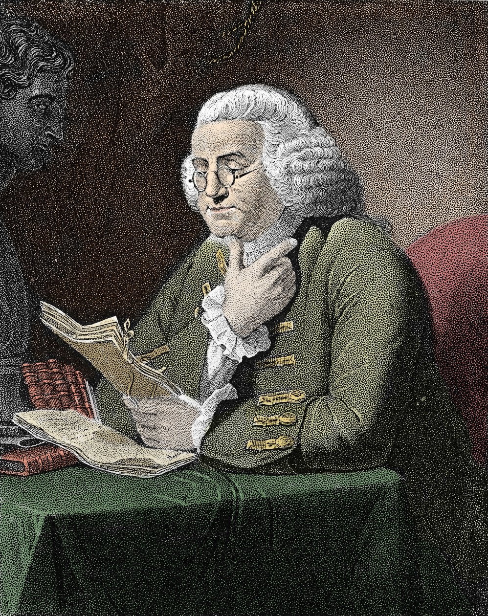 Portret Benjamina Franklina (1706-1790), amerykańskiego filozofa, fizyka i ambasadora. Grawer wg obrazu Davida Martina. autorstwa David (after) Martin