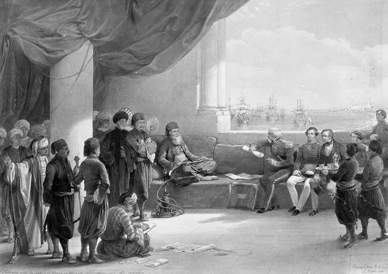 Wywiad z wicekrólem Egiptu w jego domu w Aleksandrii, z „Egiptu i Nubii”, litografowany przez Louisa Haghe autorstwa David (after) Roberts