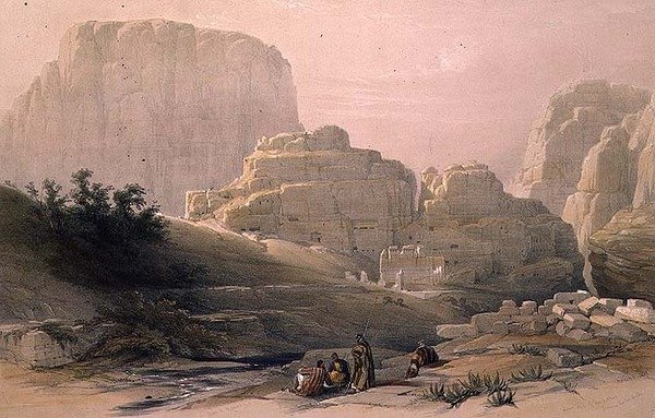Dolny kraniec doliny ukazujący Akropol, Petra, 9 marca 1839, tablica 102 z tomu III „Ziemia Święta”, sztychowana przez Louisa Haghe (1806-1885) wyd. 1849 (lito) autorstwa David (after) Roberts
