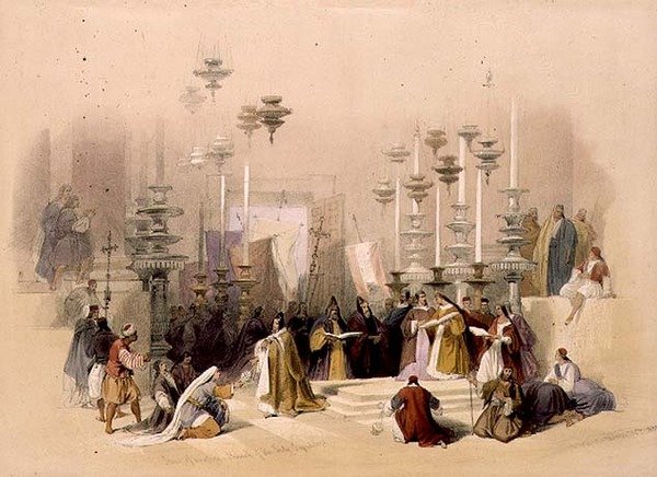 Kamień Namaszczenia, Bazylika Grobu Świętego, 30 marca 1839, tablica 19 z tomu I "Ziemia Święta", ryty Louis Haghe (1806-1885) wyd. 1842 (lito) autorstwa David (after) Roberts