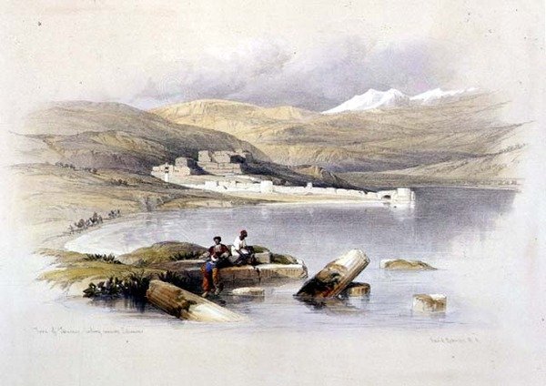 Miasto Tyberiady w kierunku Libanu, tablica 35 z tomu I "Ziemia Święta", rytowana przez Louisa Haghe (1806-85) wyd. 1842 (lito) autorstwa David (after) Roberts