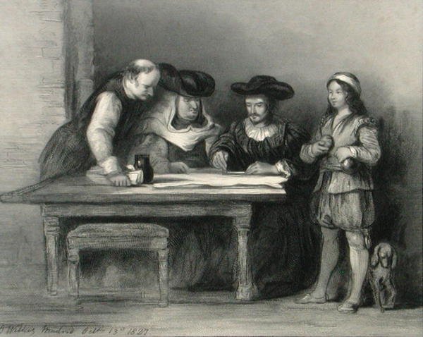 Krzysztof Kolumb (1451-1506) w klasztorze w la Rabida z „Galerii Portretów”, publikacja 1833 (rycina) autorstwa David (after) Wilkie