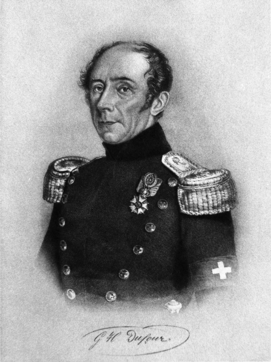 Portret Guillaume-Henri Dufoura (1787-1875), szwajcarskiego generała, inżyniera, topografa i współzałożyciela Międzynarodowego Komitetu Czerwonego Krzyża, rycina wg rysunku Karla Friedricha Irmingera (1813-1863) autorstwa John Ward Dunsmore