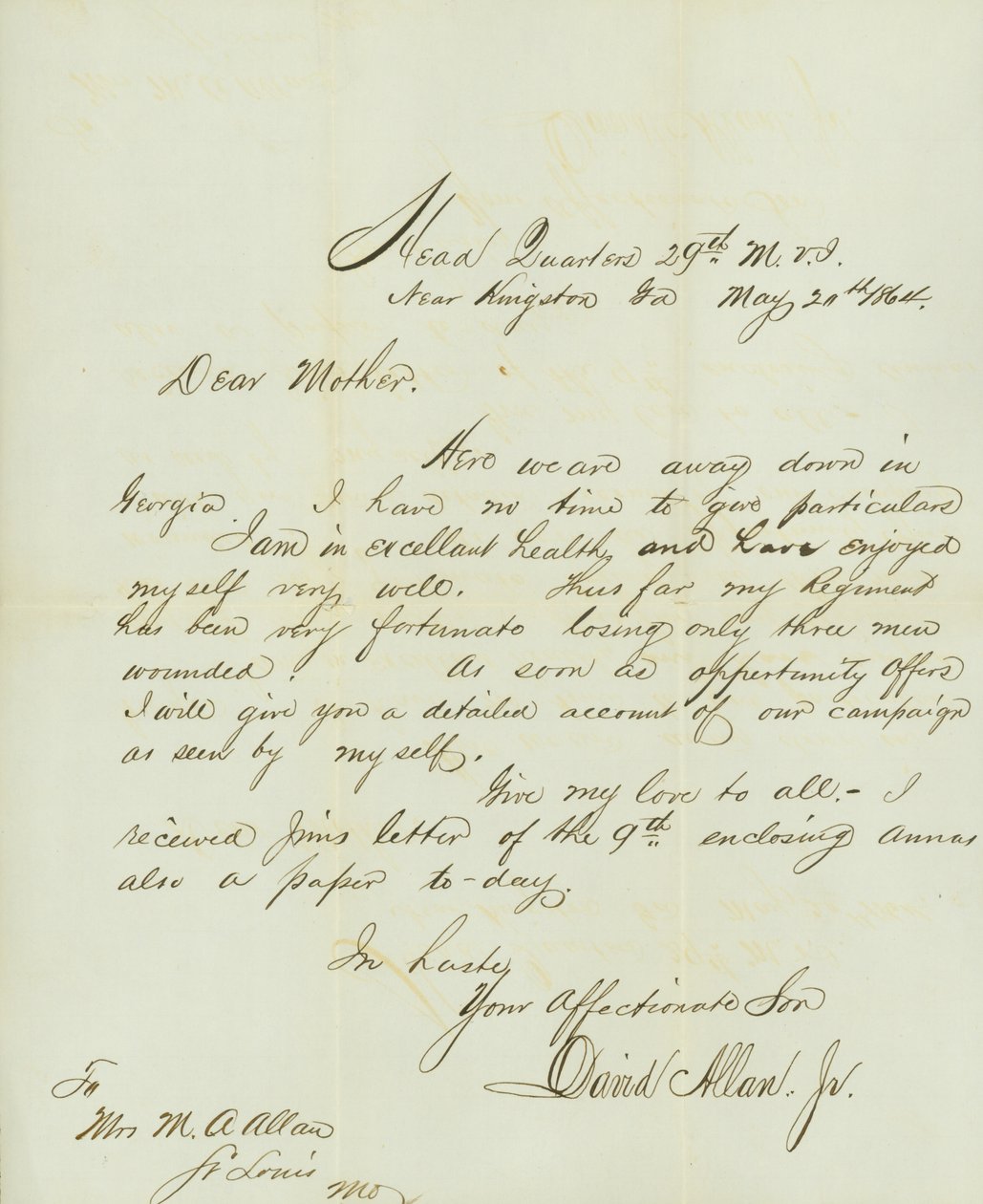 List podpisany David Allan, Jr., siedziba główna 29. MVI, niedaleko Kingston, Ga., do matki, pani M.A. Allan, St. Louis, MO, 20 maja 1864 autorstwa David Allan