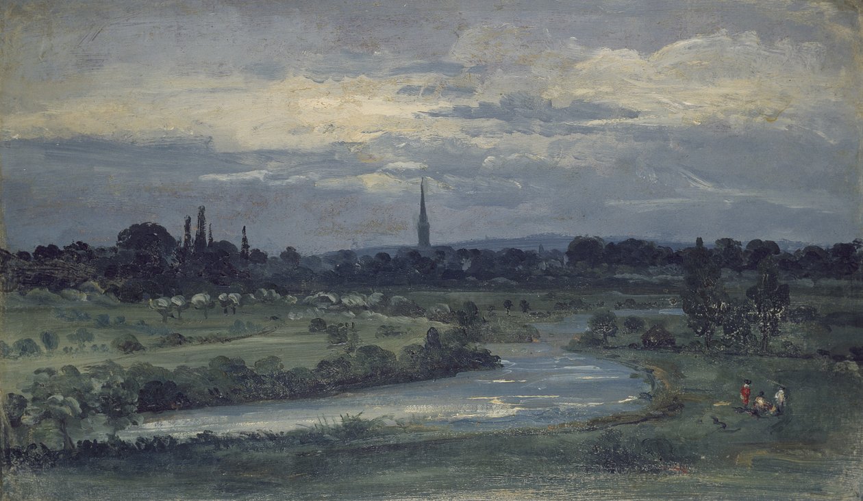 Widok z Domu Pugina koło Salisbury (olej na płycie pilśniowej, montowany jako rysunek) autorstwa David Charles Read