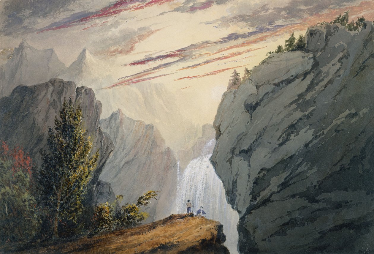 At the Waterfall, ok. 1850 (akwarela, guma arabska i gwasz na papierze tkanym w kolorze złamanej bieli) autorstwa David Claypoole Johnston