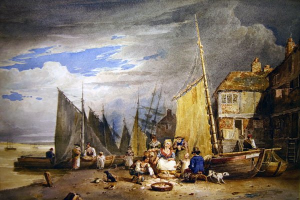 Rybożona ze swoimi towarami nad Tamizą (akwarela na papierze) autorstwa David Cox