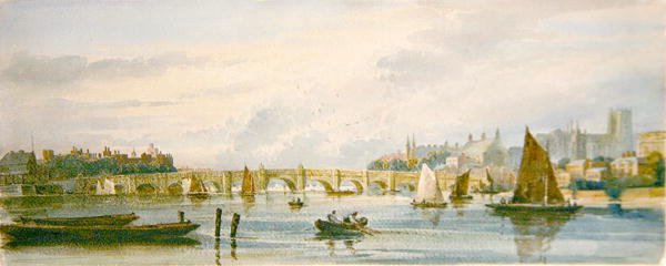 Widok na Most Westminsterski w kierunku zachodnim w stronę Pałacu Lambeth i Opactwa Westminsterskiego (ołówek i akwarela na papierze) autorstwa David Cox