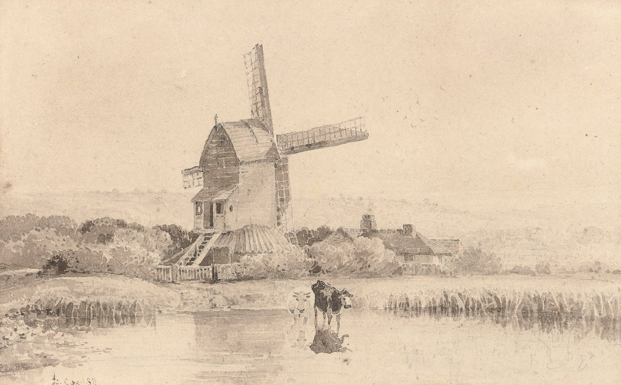 Pojenie bydła przy wiatraku na Dulwich Common, 1811 autorstwa David Cox