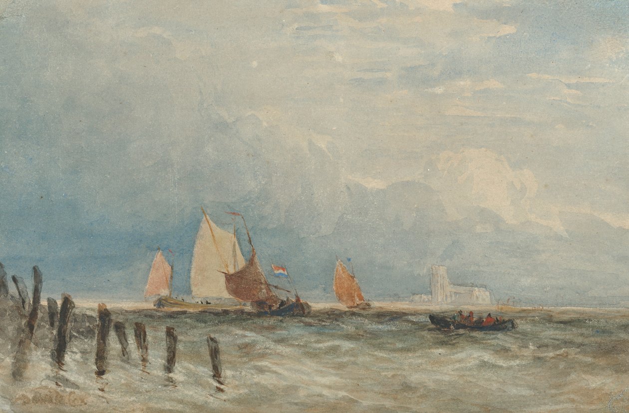 Holenderskie łodzie rybackie u wybrzeży, z Grote Kerk w Dordrechcie w oddali autorstwa David Cox