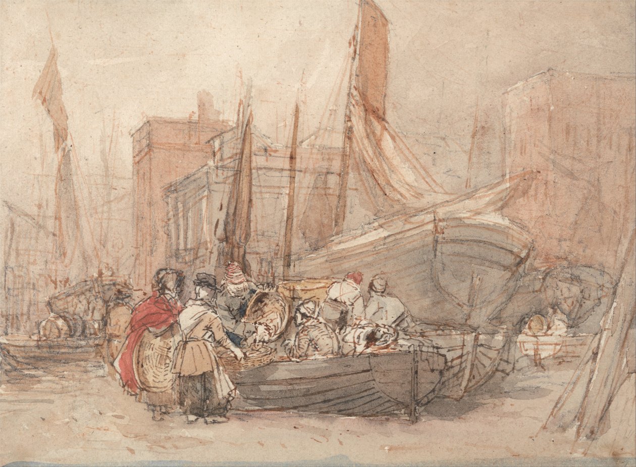 Scena portowa z rozładowywanymi łodziami rybackimi autorstwa David Cox