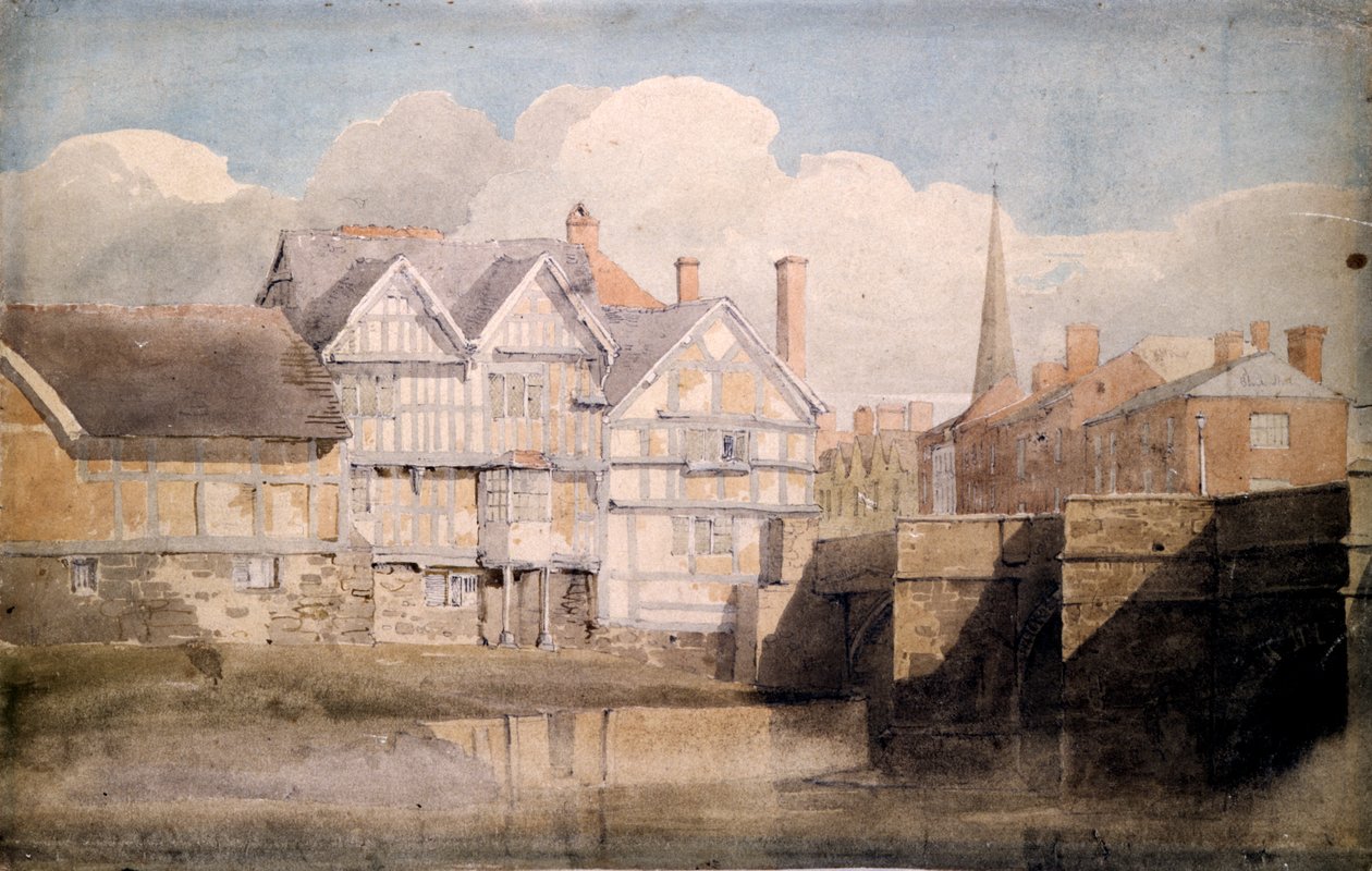 Stare domy i most Wye, Hereford, 1820 autorstwa David Cox