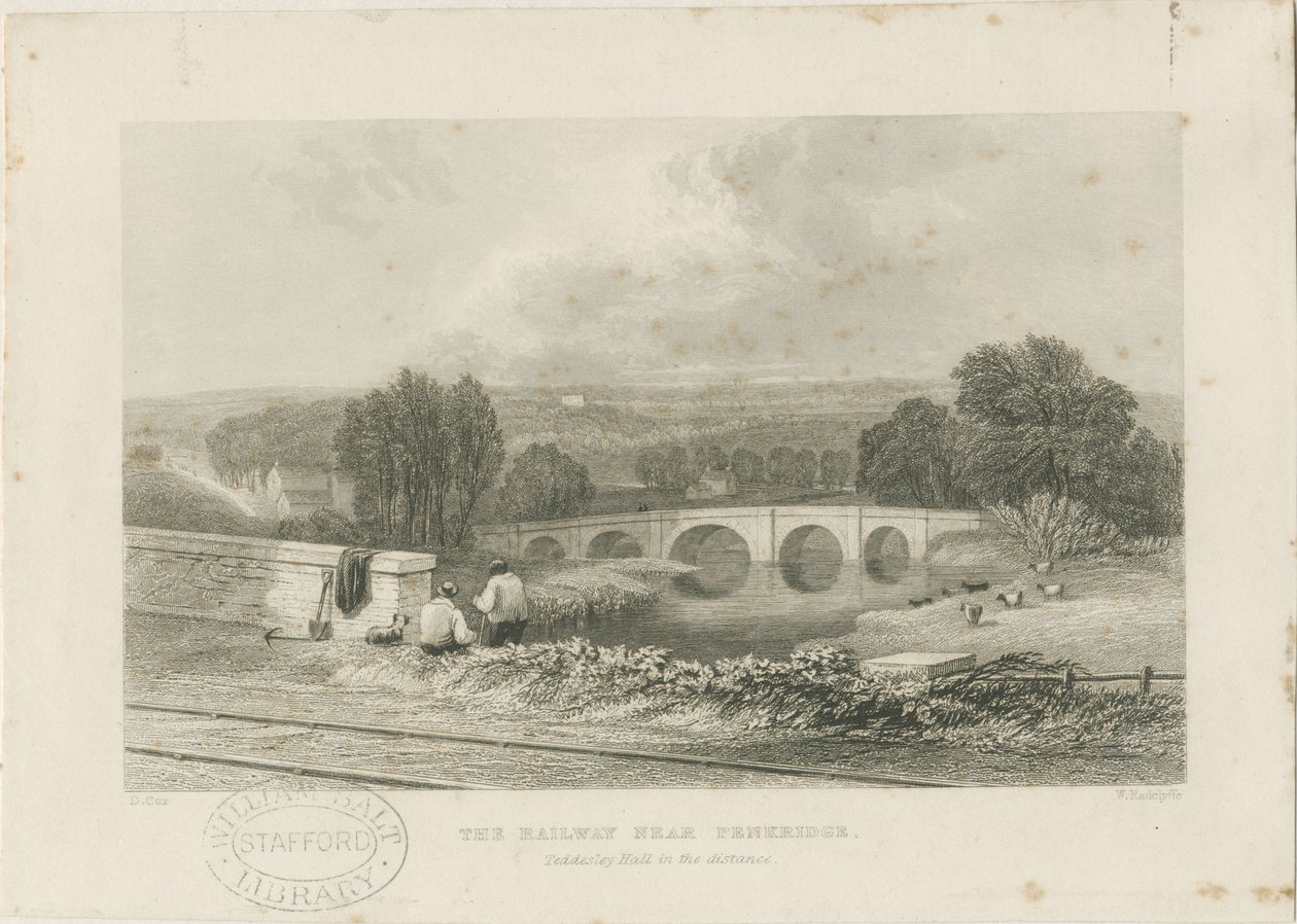 Penkridge Town - Most kolejowy i Bull Bridge: staloryt, bd [ok. 1839] autorstwa David Cox