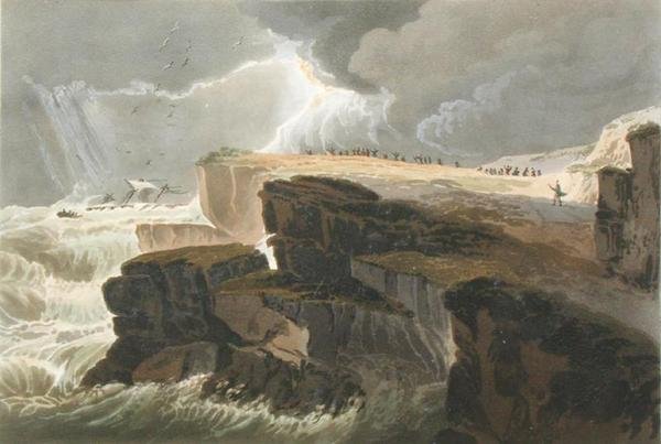 Tablica z księgi 10 Burza, Widok na wybrzeże Hastings z traktatu o malarstwie pejzażowym rytowana przez Richarda Reeve (ur. 1780), 1813-14 (akwatinta ręcznie kolorowana) autorstwa David Cox