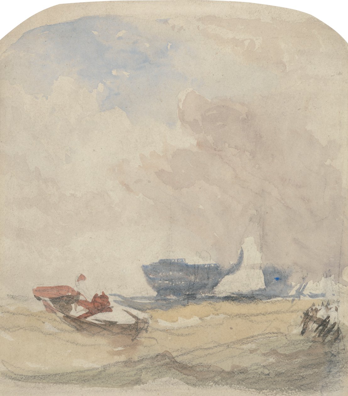 Studium morskie z Hulkiem, żaglówką i łodzią wiosłową autorstwa David Cox