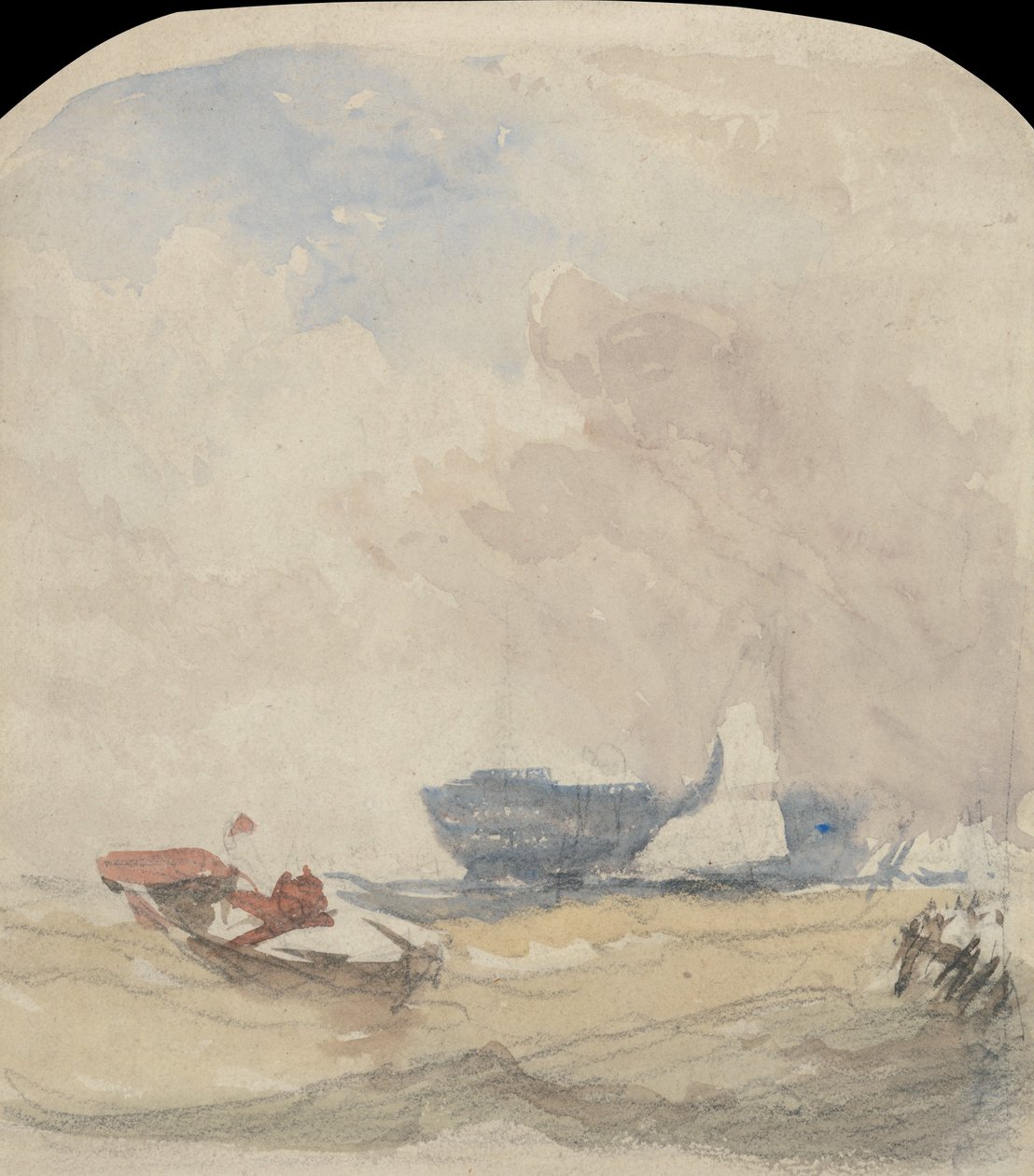 Studium morskie z Hulkiem, łodzią żaglową i łodzią wiosłową autorstwa David Cox