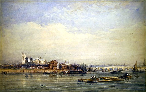 Westminster i Tamiza z Battersea Shore (akwarela na papierze) autorstwa David Cox